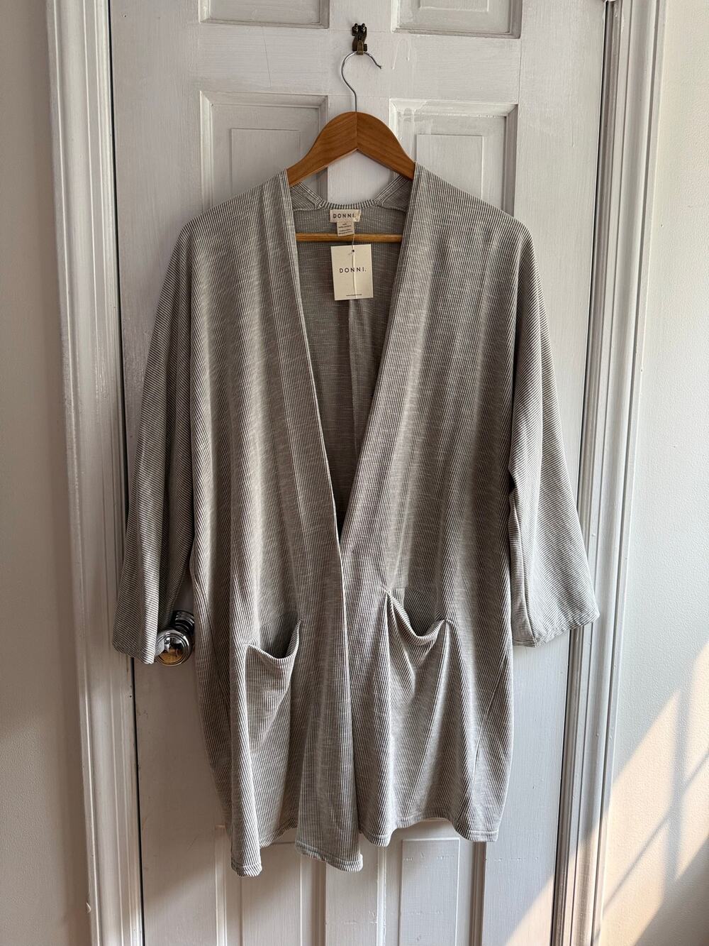 DONNI. NWT Gray Ribbed Open Front Duster Cardigan Pockets One Size OSFA